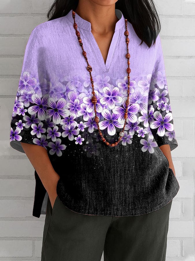 Women's Retro Purple Floral Print Shirt