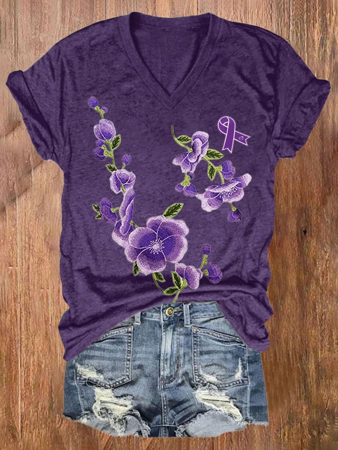 Women's Purple Alzheimer Awareness Flowers Print T-shirt