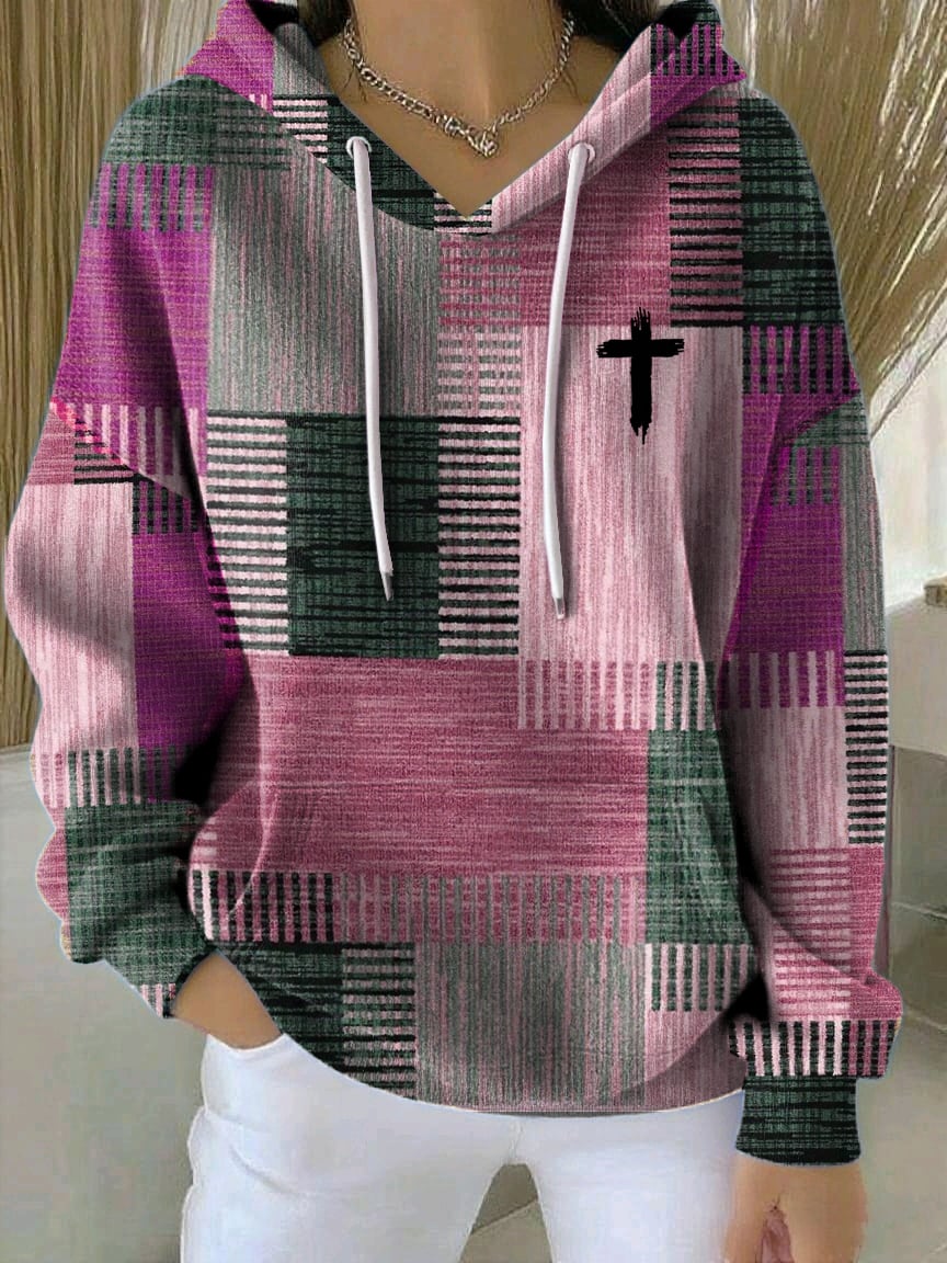 Women's Casual Autumn Faith Contrast Color Square Striped Cardigan Hoodie