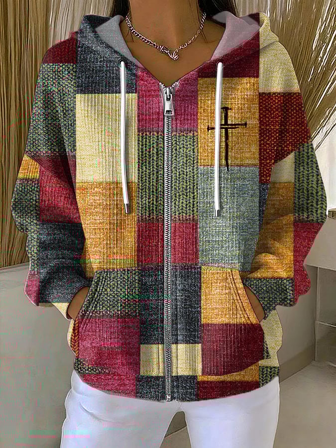 Women's Casual Retro Color Block Faith Print Hoodie Jacket