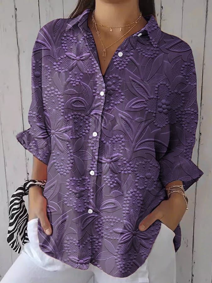 Women's Casual Retro Purple Art Cotton And Linen Shirt(with Pockets)