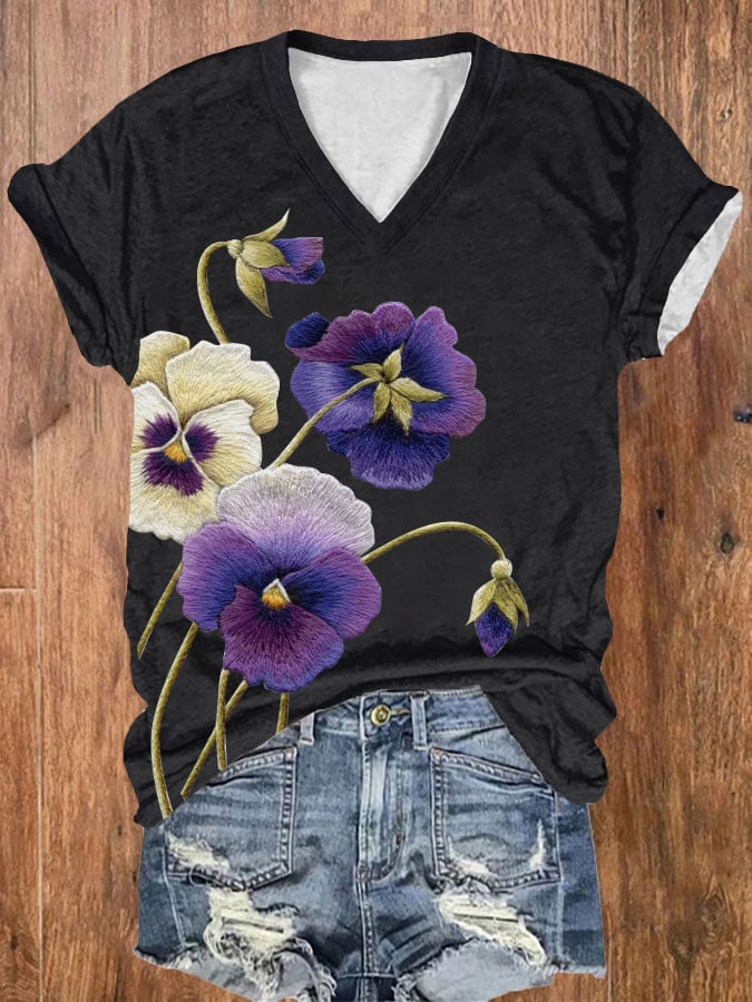 Women's Alzheimer's Purple Floral Print V-Neck T-Shirt