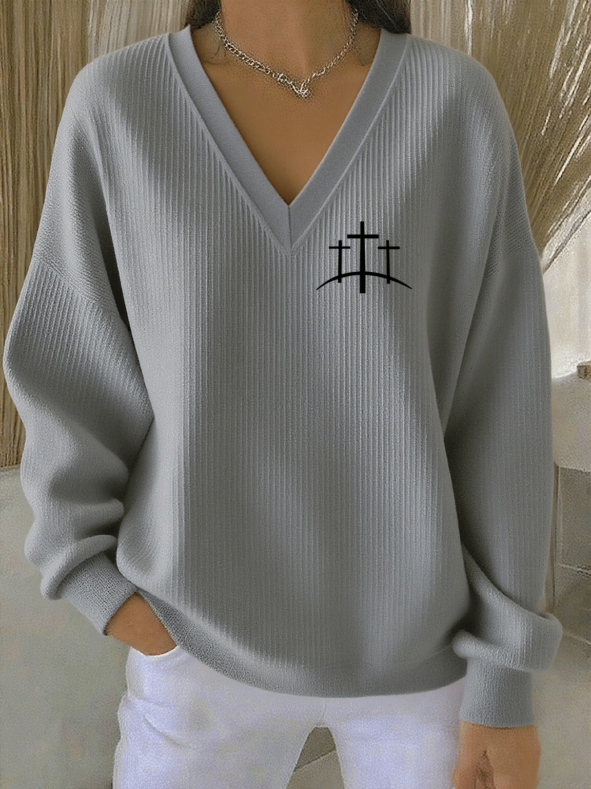 Women's Faith Print Knit V-Neck Long Sleeve Top