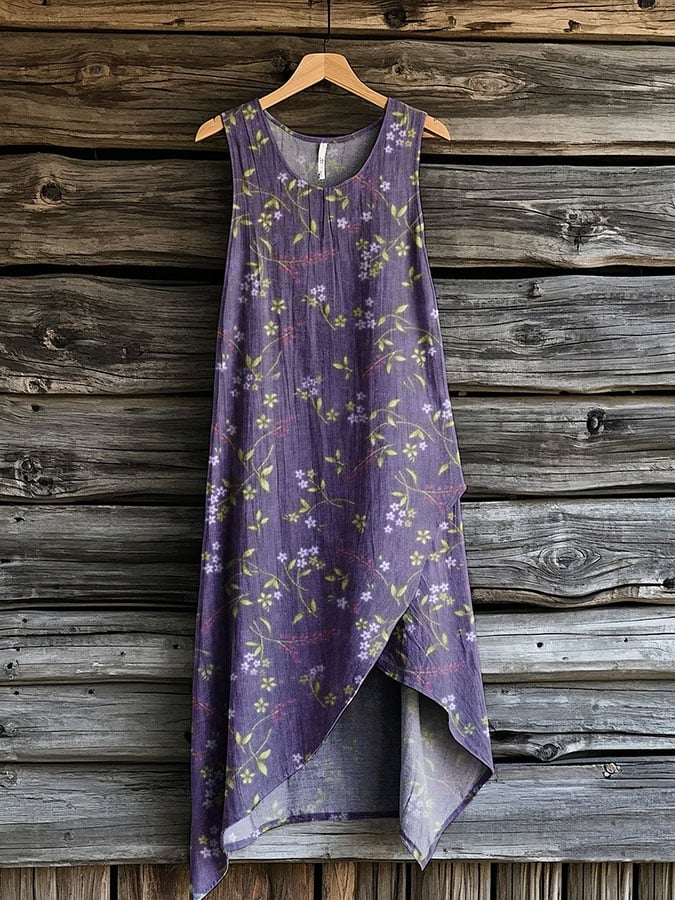 Women's Alzheimer's Purple Floral Print Linen Blend Tank Dress