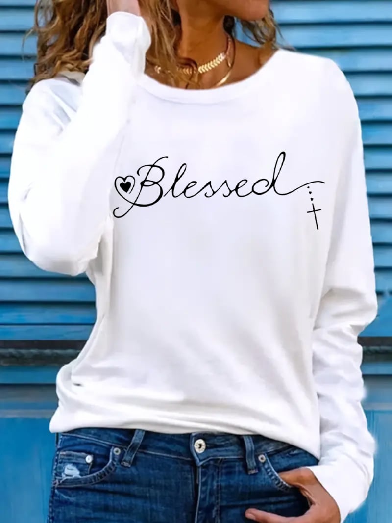 Women's Blessed Cross Jesus Printed Long Sleeve T-Shirt