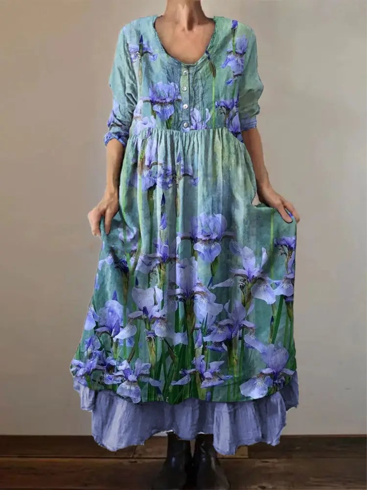 Women's Vintage Purple Floral Art Print Button Dress