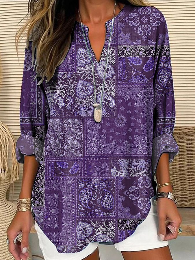 Women's Purple Patchwork Art Cotton And Linen Shirt