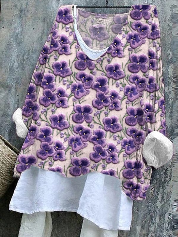Women's Purple Floral Cotton and Linen Top