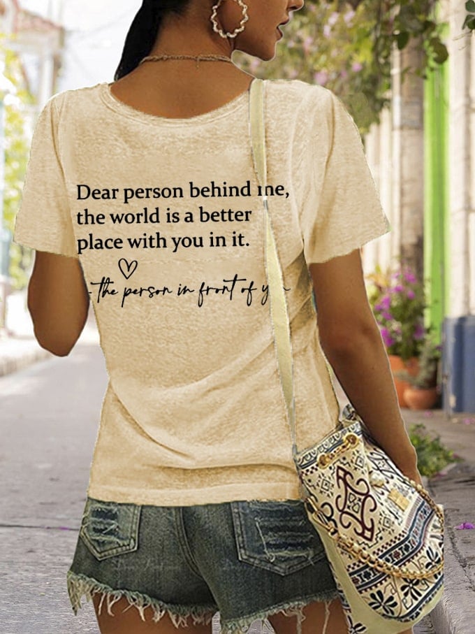 Women's Faith Dear Person Behind Me Cross Print V Neck T-Shirt