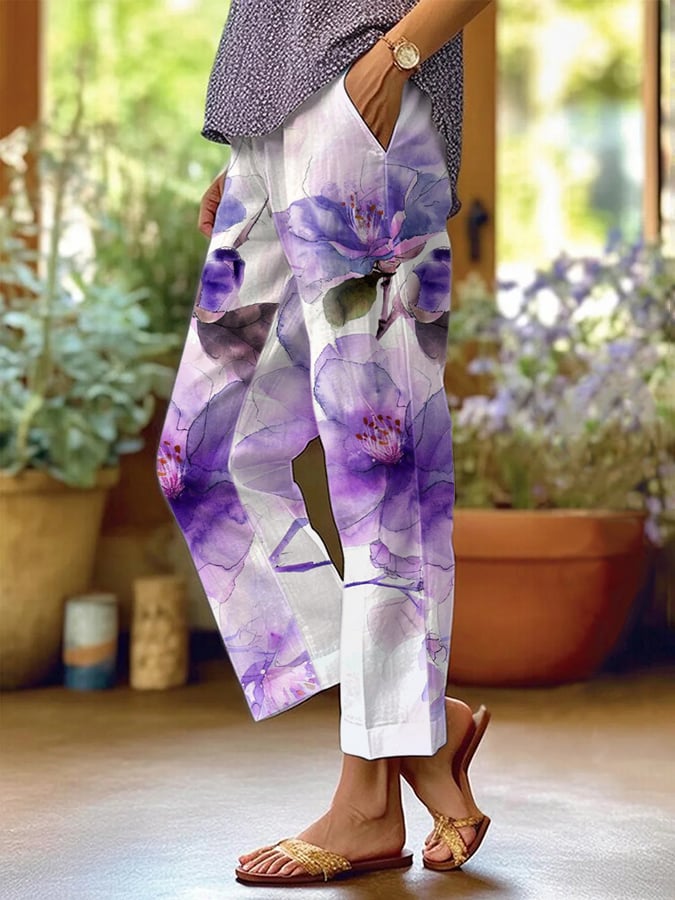 Women's Casual Purple Art Pansy Pants