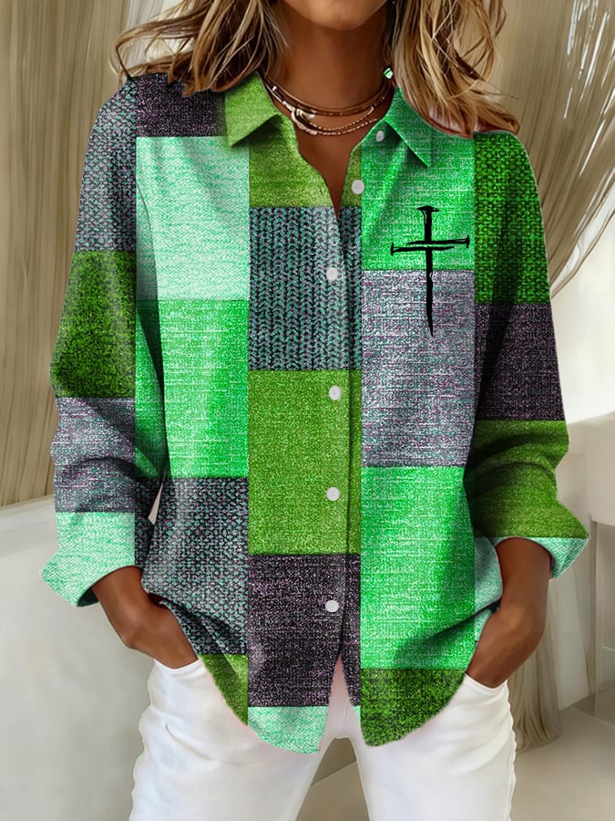 Women's Casual Autumn And Winter Retro Color Block Contrast Faith Shirt