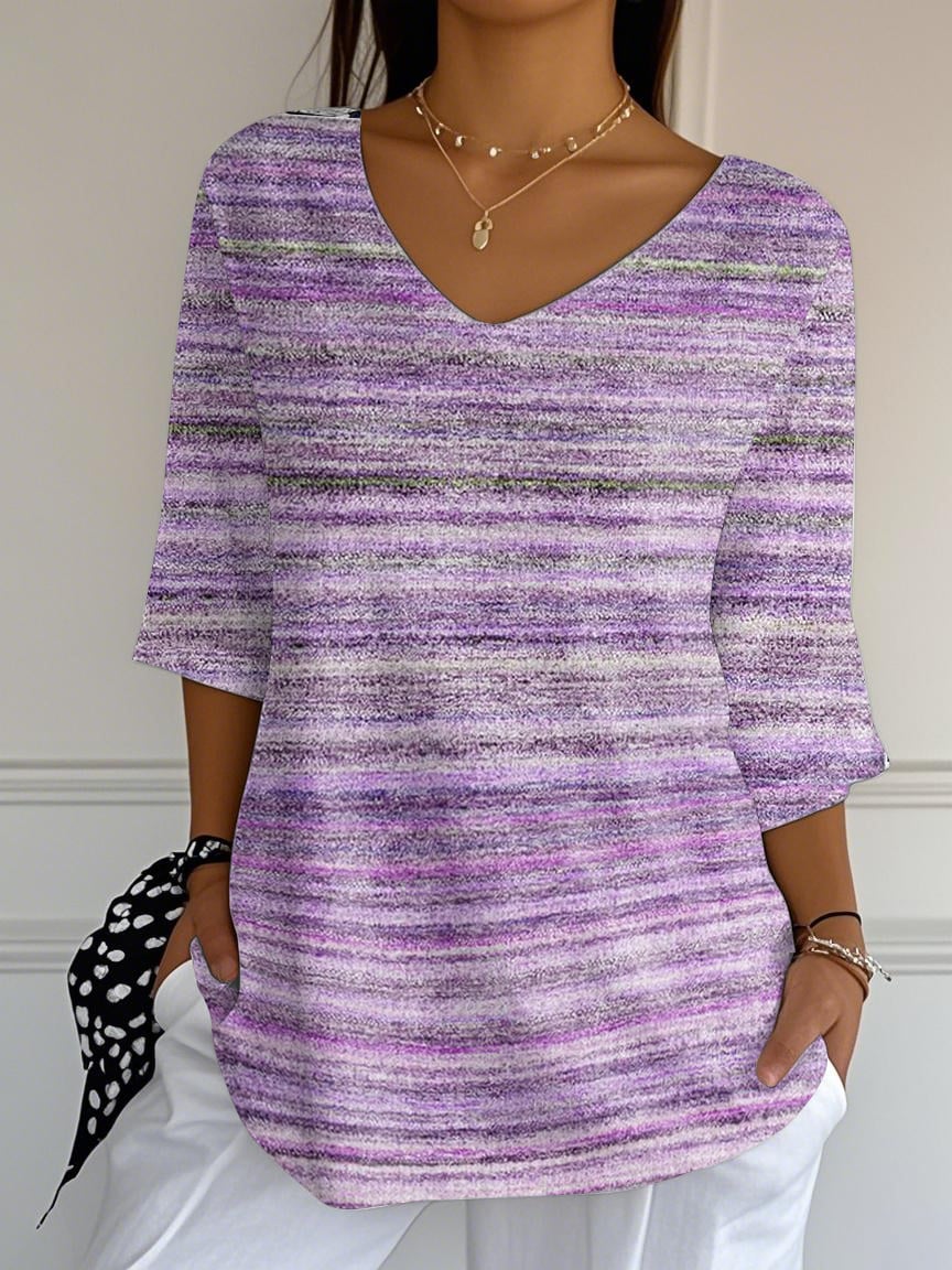 Women's Purple Gradient Stripe Print V-Neck Long Ribbed Top