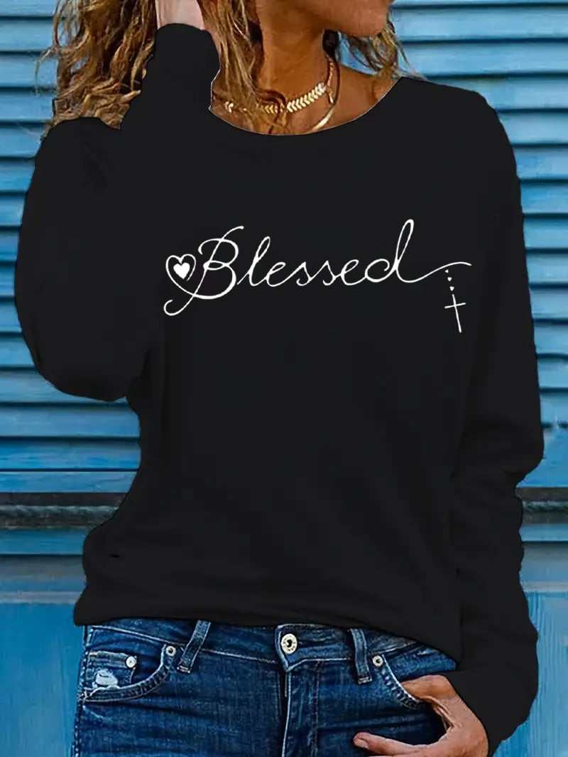 Women's Blessed Cross Jesus Printed Long Sleeve T-Shirt
