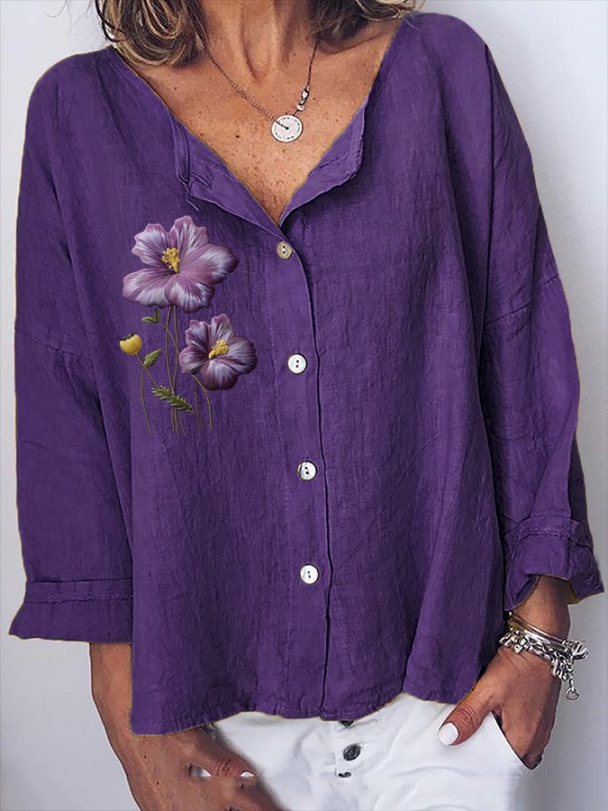 Women's Purple Floral Print Casual Cotton And Linen Top