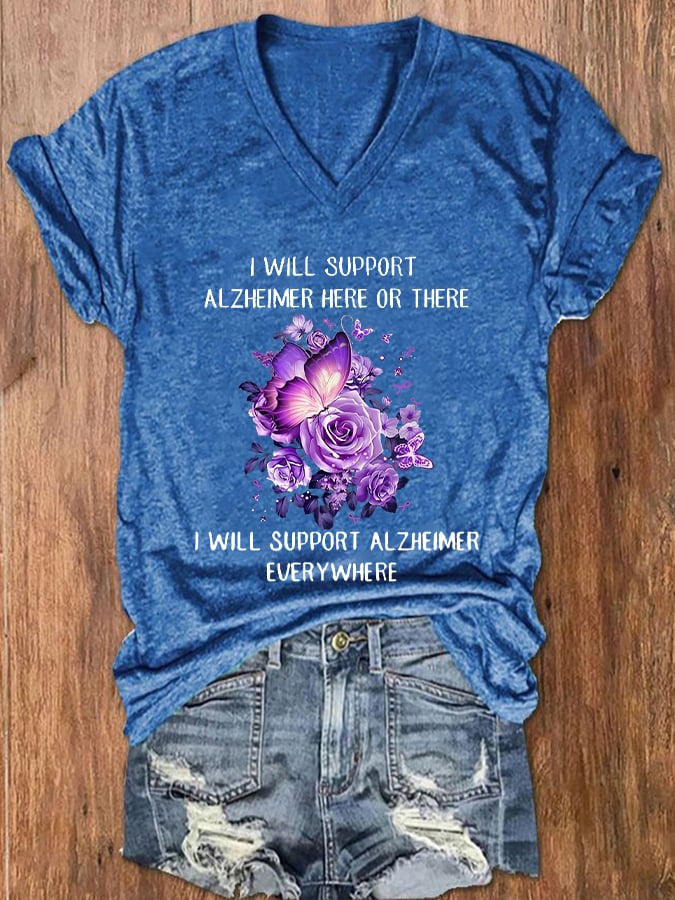 Women's Alzheimer's Awareness Butterfly Printed V-Neck T-Shirt