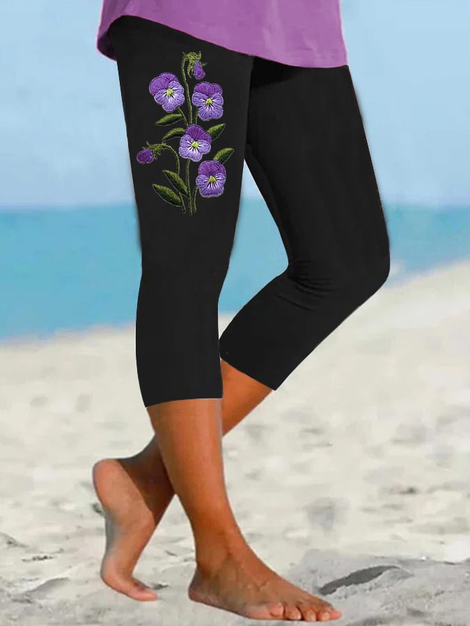 Women's Purple Flower Alzheimer's Awareness Support Cropped Leggings