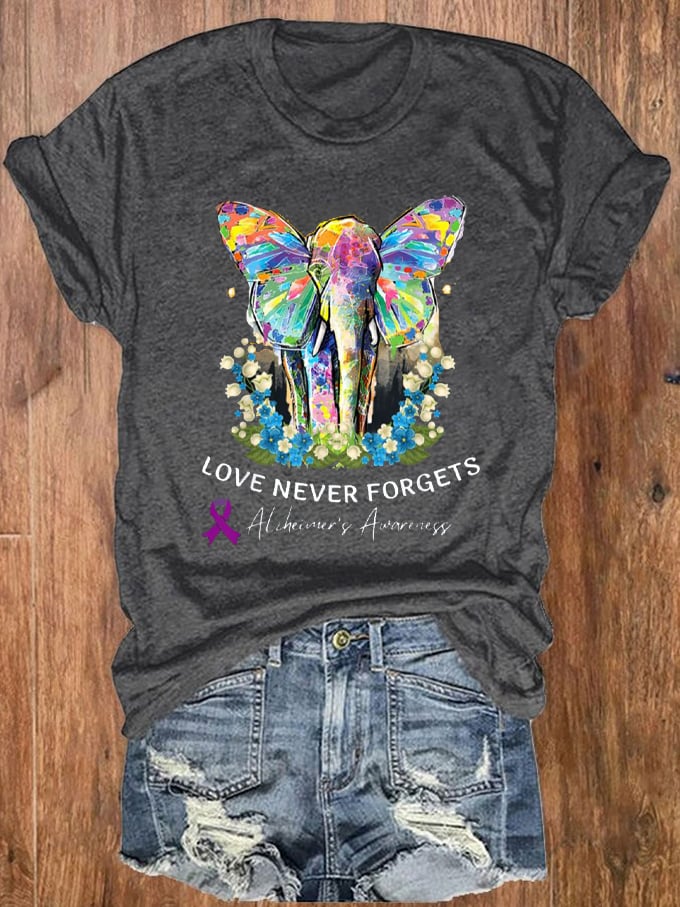 Women's Love Never Forgets Dementia Alzheimer's Print T-Shirt