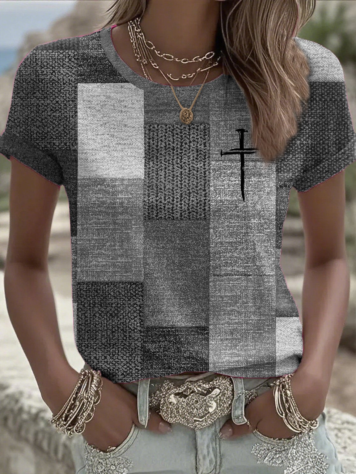 Women's casual autumn and winter retro color block contrast T-shirt