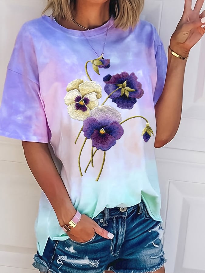 Women's Alzheimer's Awareness Purple Floral Print Crew Neck T-Shirt