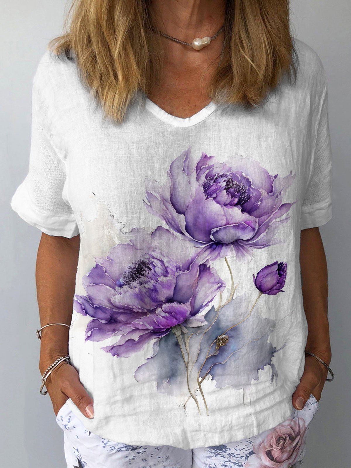 Women's Alzheimer's Purple Floral Print V-Neck Top