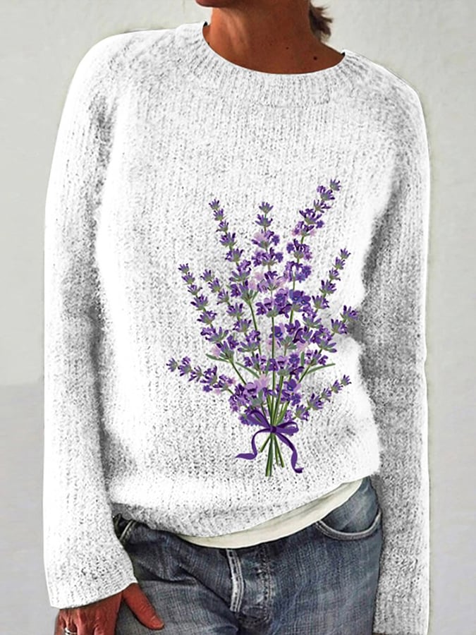Women'S Purple Floral Art Comfortable Sweater