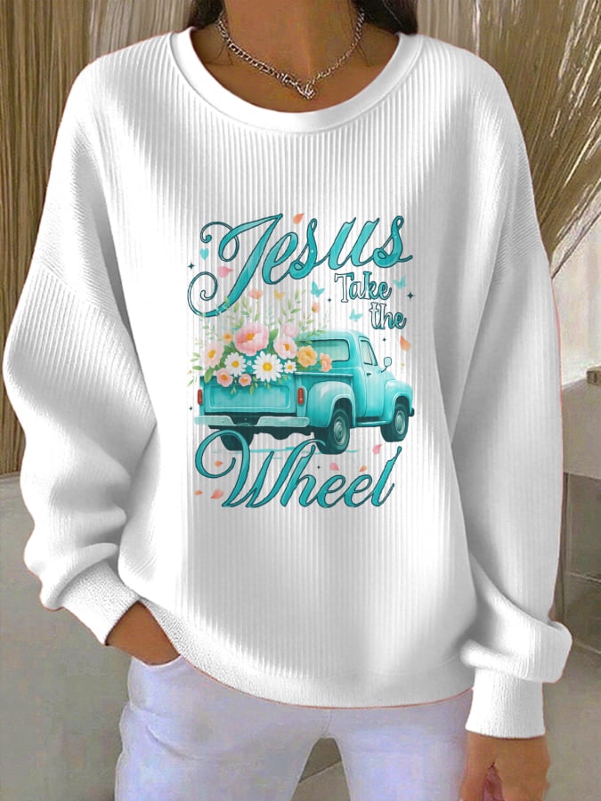 Women's Jesus Take The Wheel Daisies Graphic Print Sweatshirt