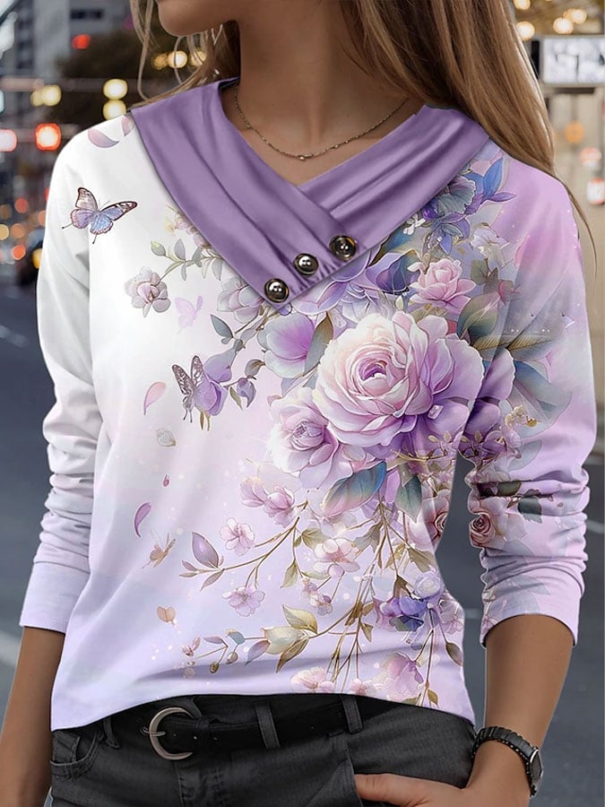 Women's Floral Dementia Alzheimer's Disease Awareness Print Button Collar Top