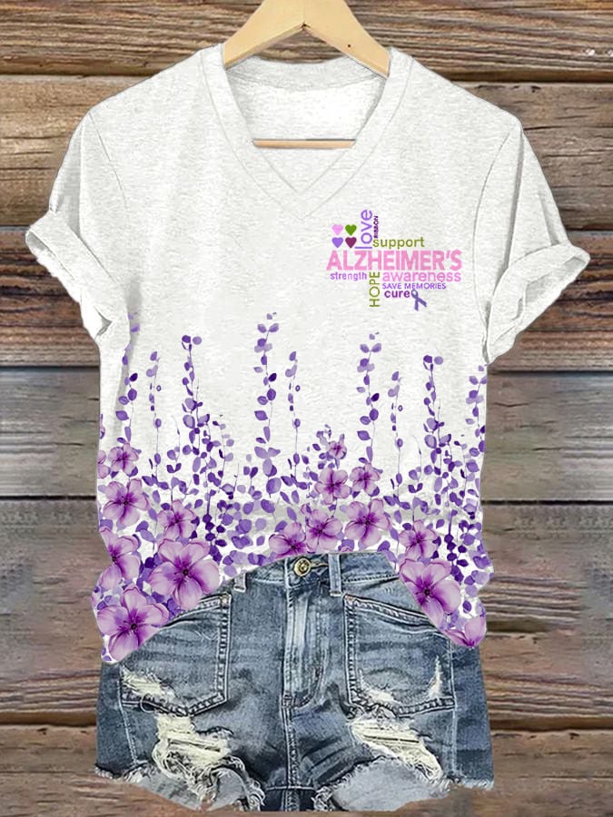 Women's Alzheimer's Disease Awareness Floral Print V-Neck T-Shirt