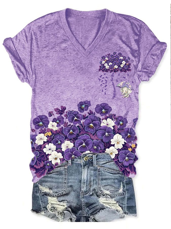 Women'S Alzheimer's Disease Awareness Floral  Printed Casual T-Shirt