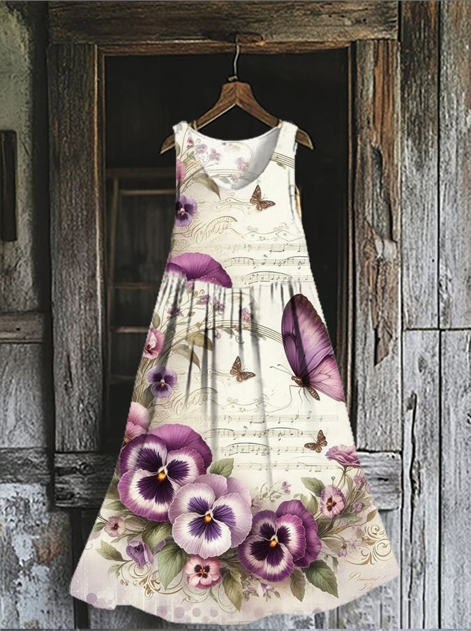Women's Purple Retro Floral Butterfly Print Irregular Hem Sleeveless Dress