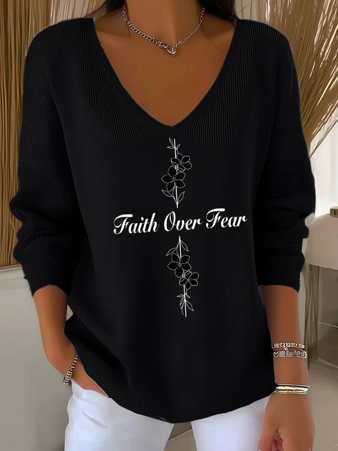 Women's Casual Faith Overcomes Fear Cross Knitted V-Neck Top