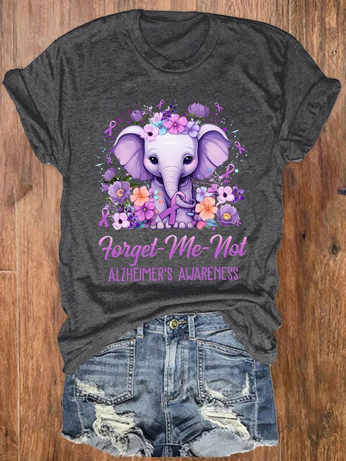 Women's Forget Me Not Alzheimer's Awareness Elephant Flower  Print T-Shirt