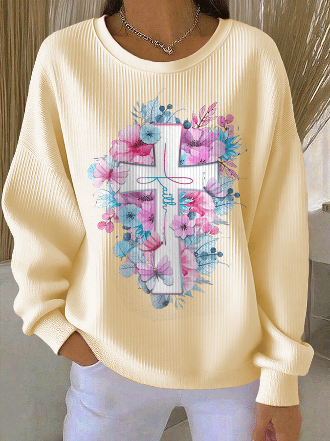 Women's Faith Print Knit Crew Neck Long Sleeve Top