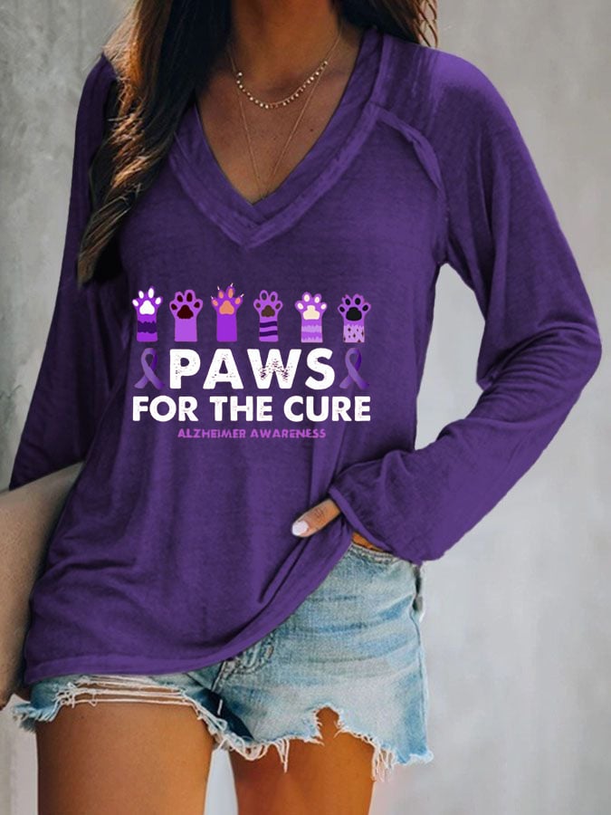 Women's Paws For The Cure Alzheimer Awareness Printed V-Neck T-Shirt