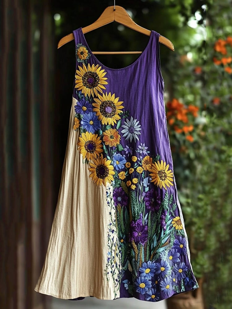 Women's Bohemian Retro Sunflower Sleeveless Round Neck Dress