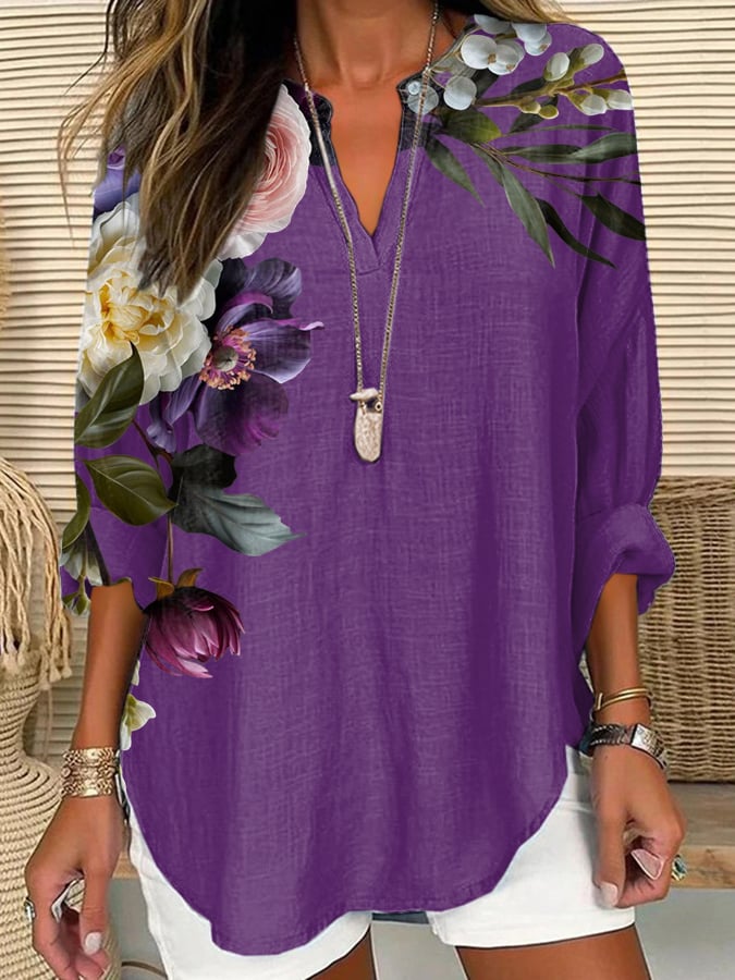 Women's Casual Retro Purple Art Cotton And Linen Shirt