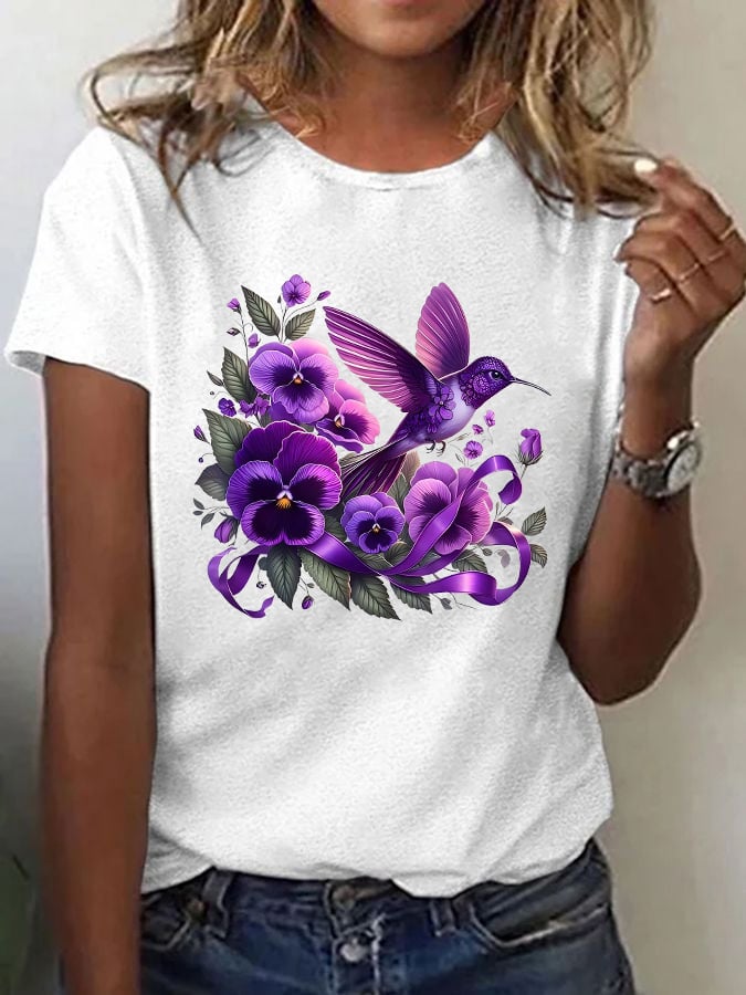 Women's Casual Alzheimer's Awareness Graphic Print Crew Neck Short Sleeve T-Shirt