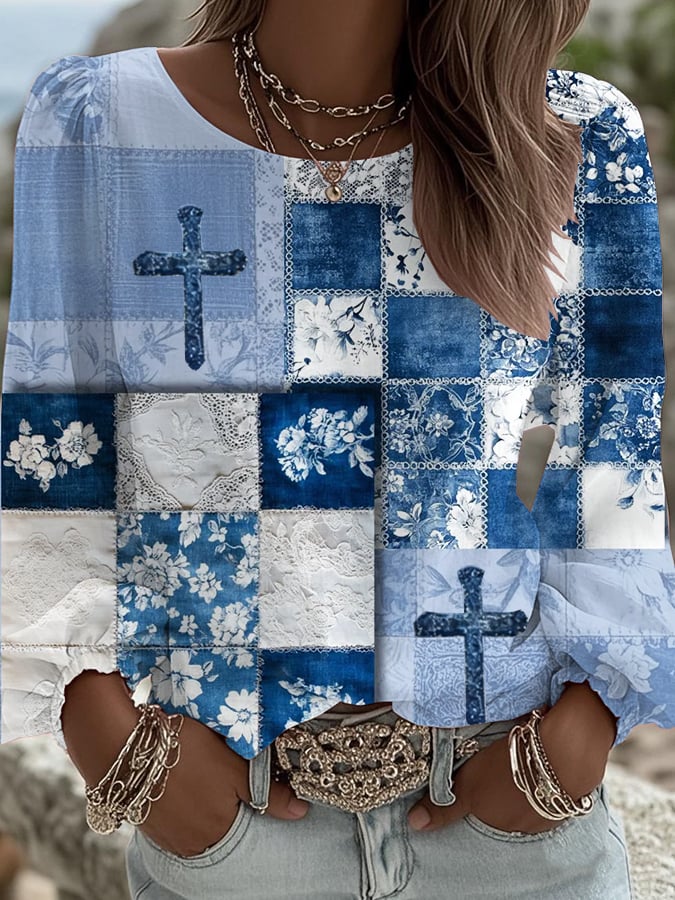 Women's Floral Faith Art Print Round Neck Long Sleeve Shirt