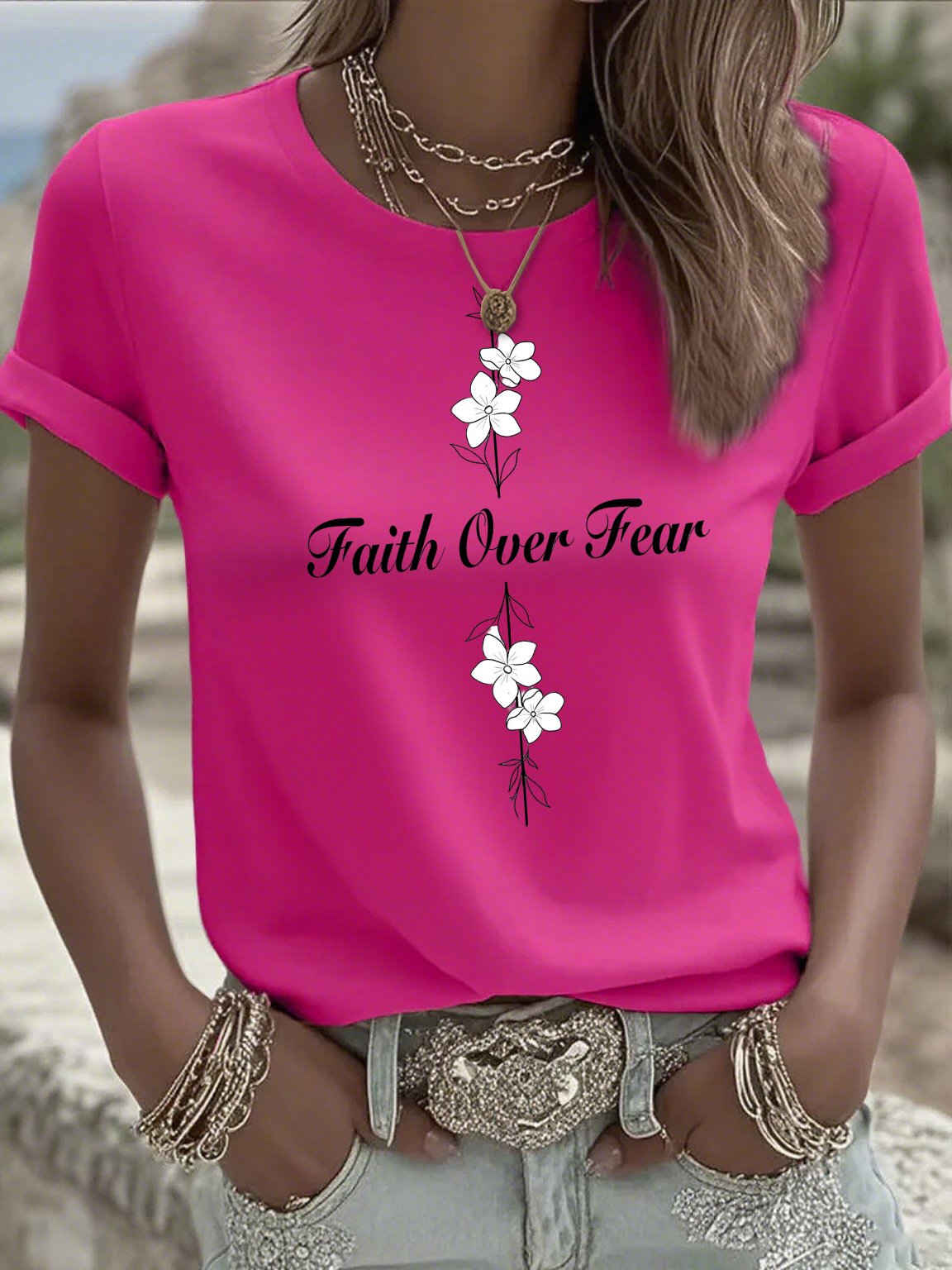 Women's Casual Faith Overcomes Fear Cross T-Shirt