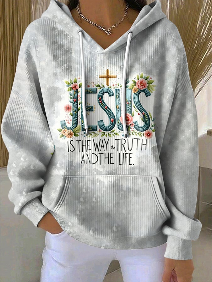 Women's Casual Floral Faith Textured Hoodie