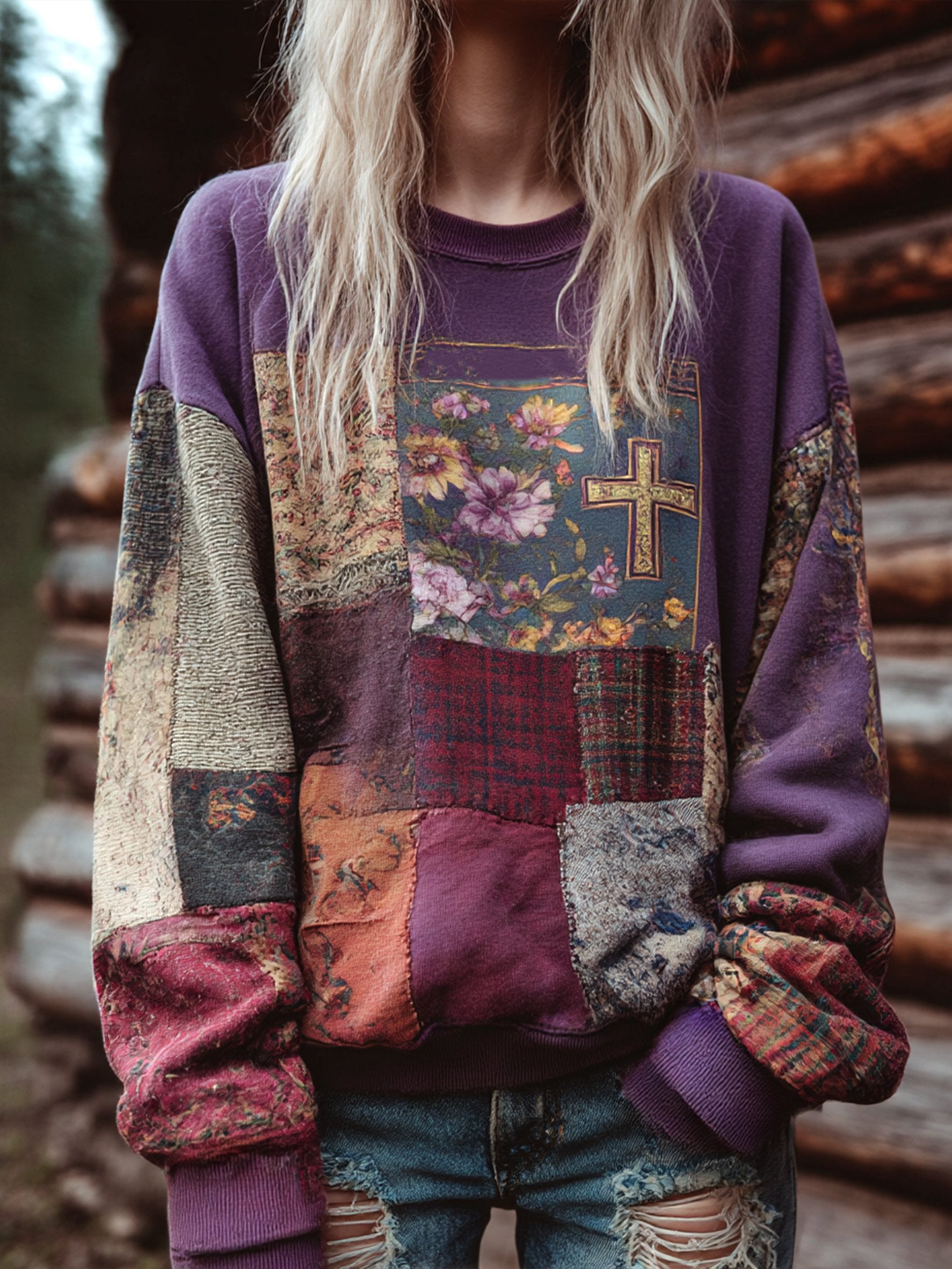 Women's Vintage Casual Faith Floral Art Sweatshirt