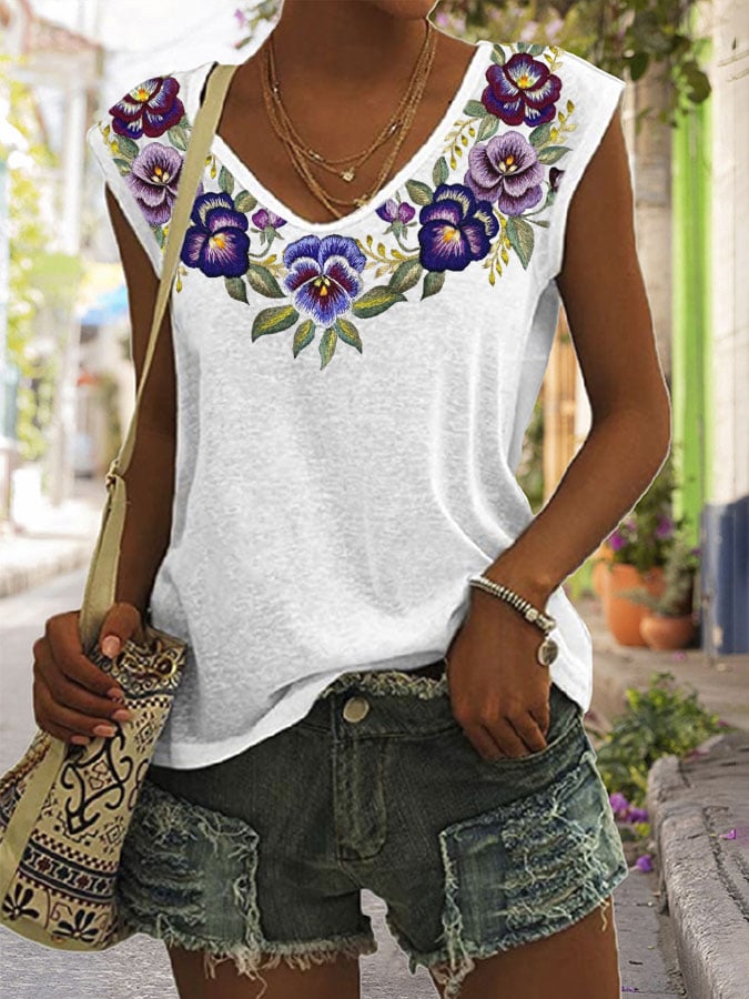 Women's Alzheimer's Purple Floral Print V-Neck Top
