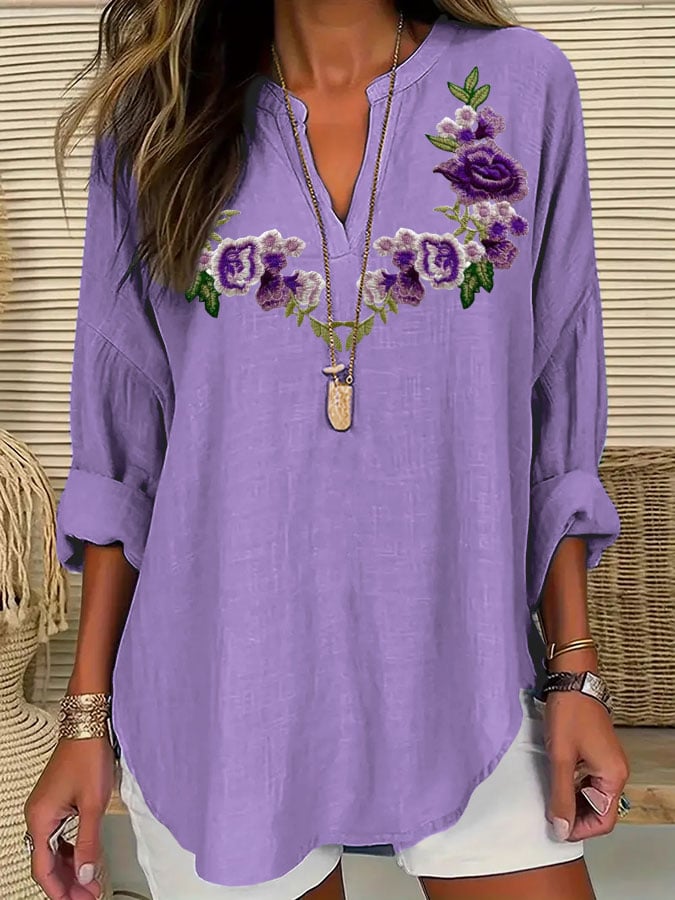 Women's Alzheimer's Awareness Purple Floral Cotton and Linen Shirt