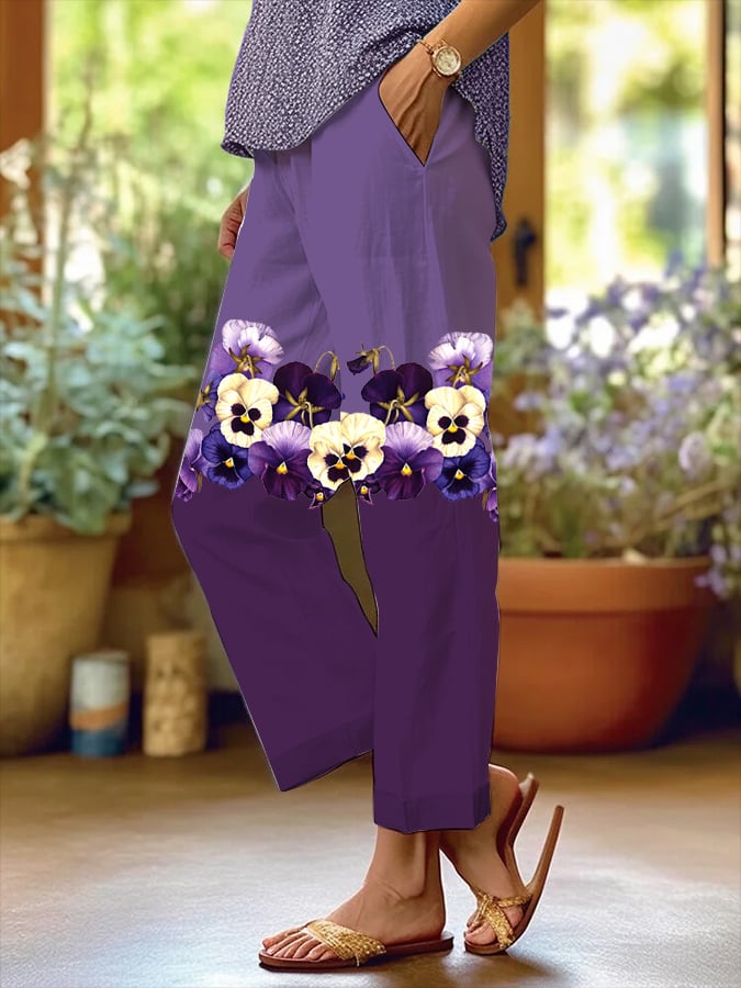 Women's Purple Pansy Alzheimer's Awareness Floral Design Loose Pocket Paneled Casual Pants