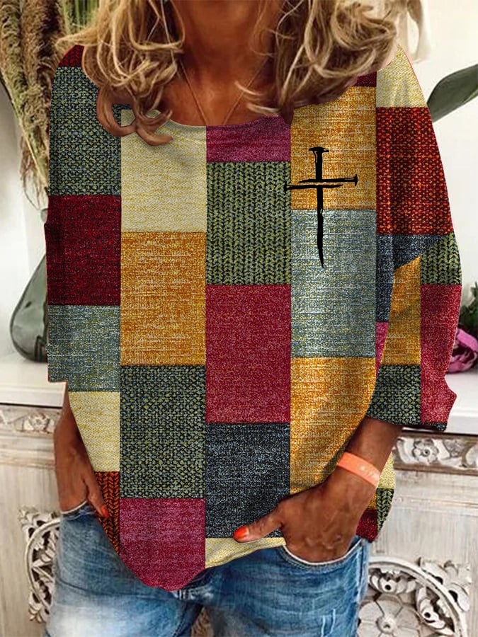 Women's Casual Autumn And Winter Retro Color Block Contrast Loose Sweatshirt