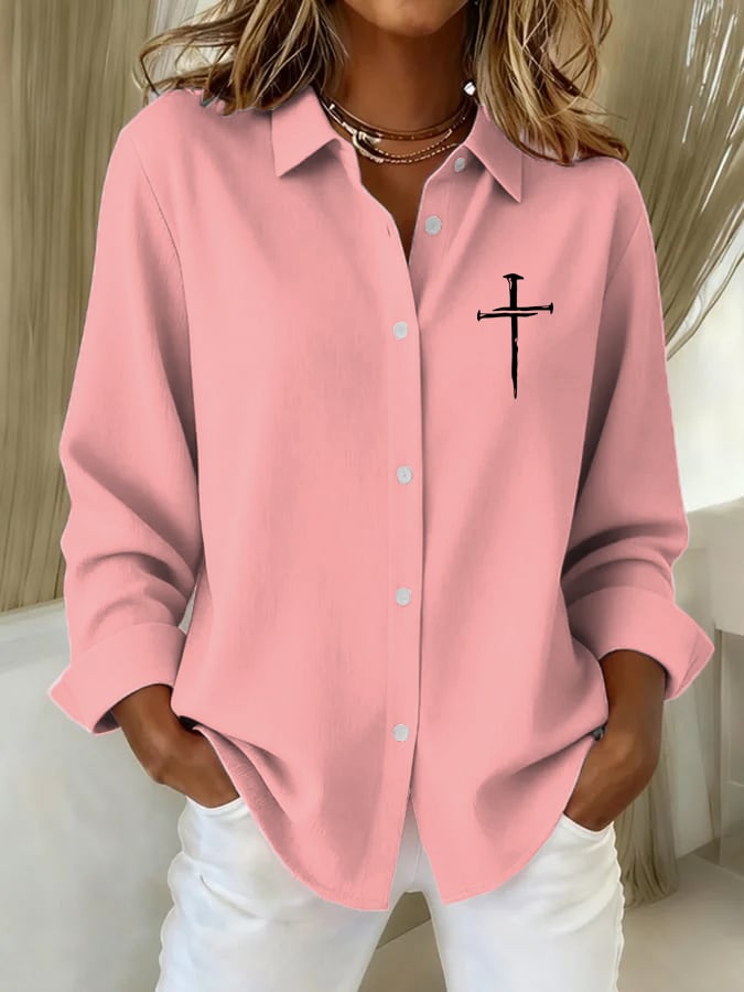 Women's Vintage Faith Cross Print Casual Shirt