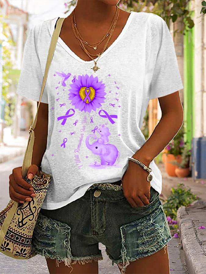 Women's I Will Remember For You Elephant Flower Alzheimers Awareness  Printed V-Neck T-Shirt