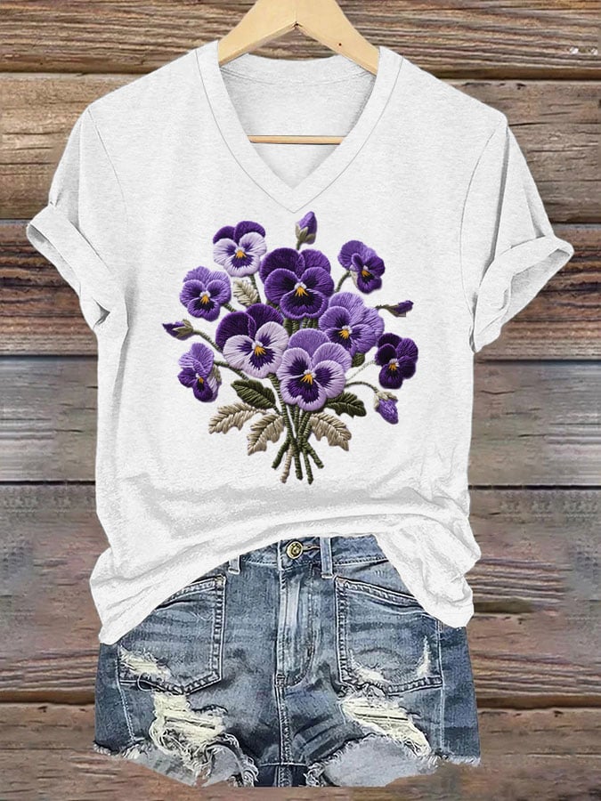 Women's Pansy Print Short Sleeve T-shirt
