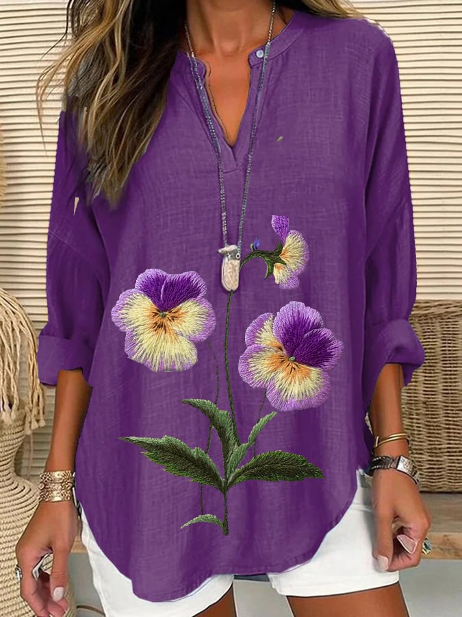 Women's Alzheimer's Floral Print Casual Long Sleeve V-Neck Shirt