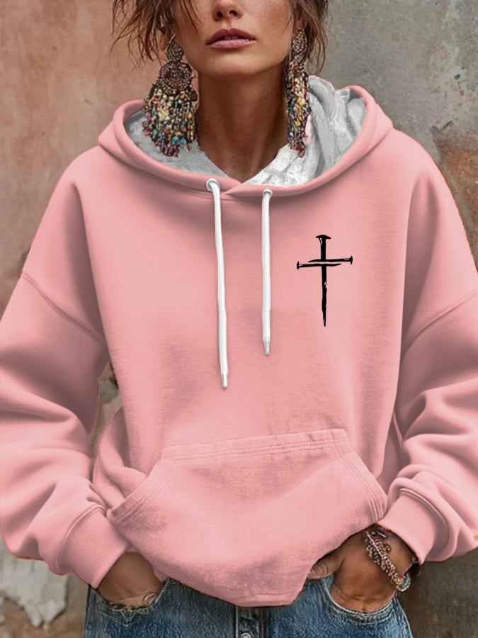 Women's Retro Faith Cross Print Casual Hooded Sweatshirt
